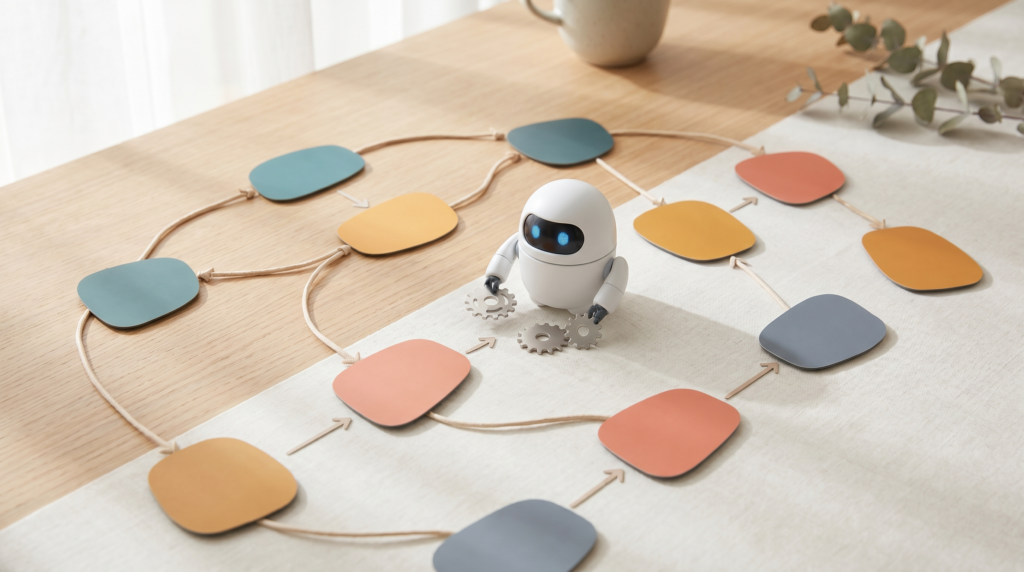 Otomasyon akışını yürüten yapay zekâ ajanı — bağlı düğümler ve robot