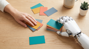 A human hand and an AI robot hand sorting task cards — augment, don't automate