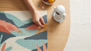 A human hand completing a puzzle an AI robot cannot — the human-judgment premium AI can't replicate