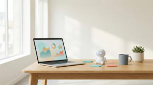 Modern desk with a laptop dashboard and an AI assistant robot — the state of AI at work in 2026
