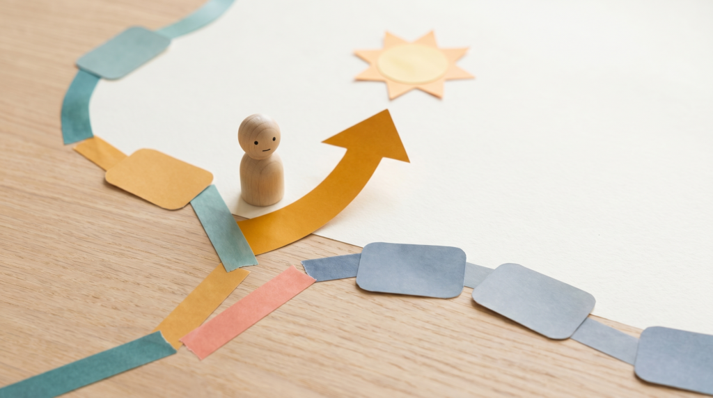 A figure choosing an upward path toward an AI horizon — repositioning your career for the AI era