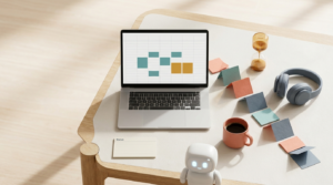 Async-first work architecture: a calm, focused desk with a mostly empty weekly calendar, headphones, an hourglass and a small friendly robot, illustrating work designed to eliminate synchronous overhead.