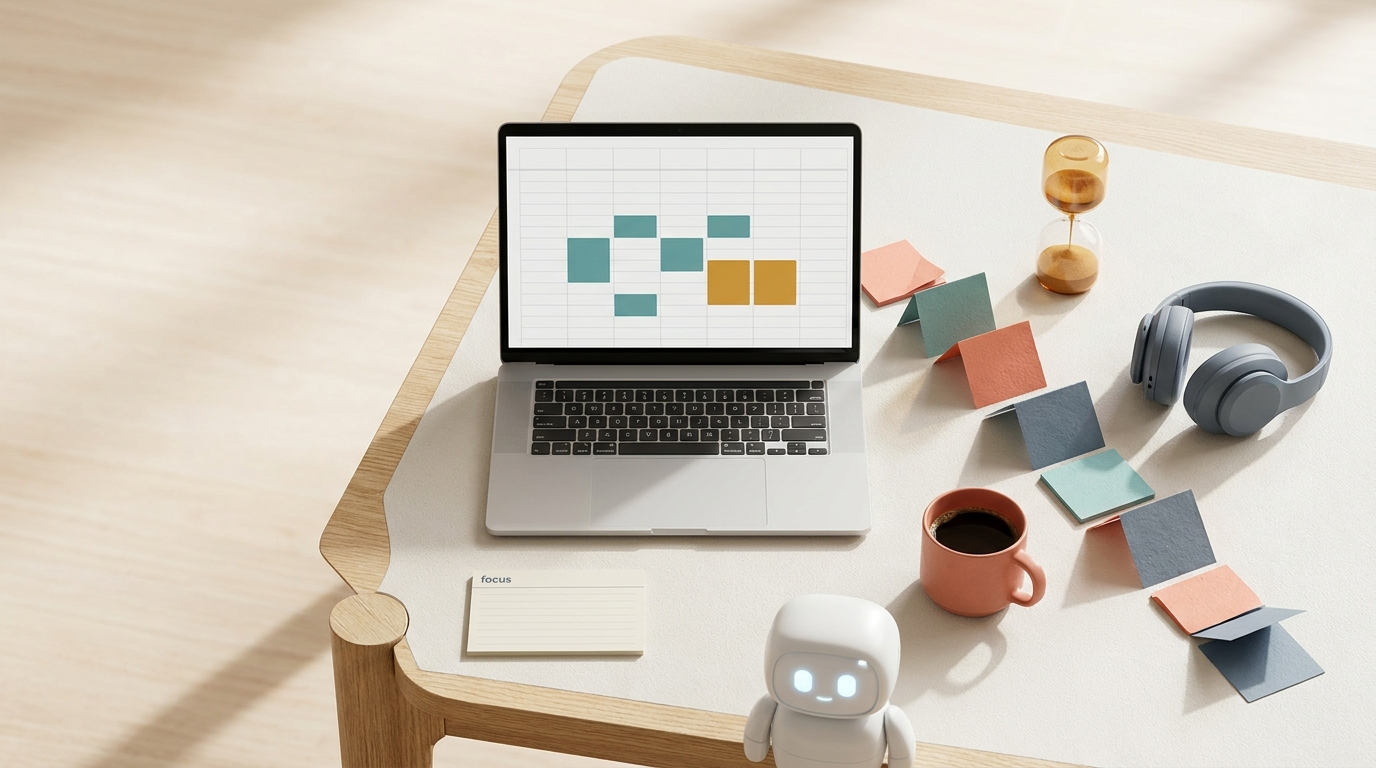 Async-first work architecture: a calm, focused desk with a mostly empty weekly calendar, headphones, an hourglass and a small friendly robot, illustrating work designed to eliminate synchronous overhead.