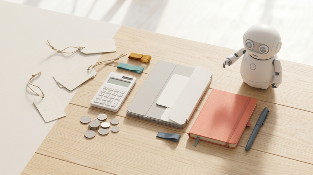 Flat-lay of blank price tags, a calculator, coins, a tablet and a small white desktop robot, illustrating digital product pricing in the AI era