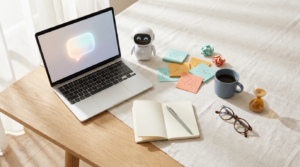 Attention residue in the AI era: attention split between a notebook and an AI assistant on a desk