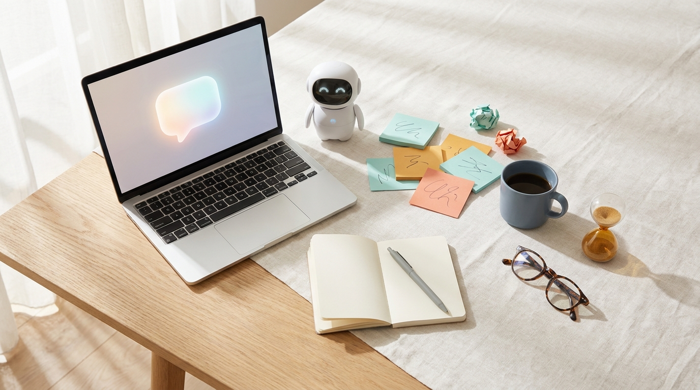 Attention residue in the AI era: attention split between a notebook and an AI assistant on a desk