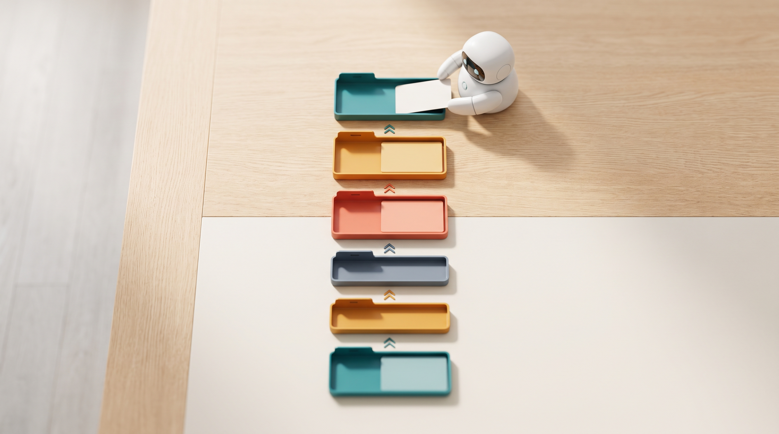 Layered AI productivity stack with a small friendly desktop robot arranging the top layer - CEOtudent