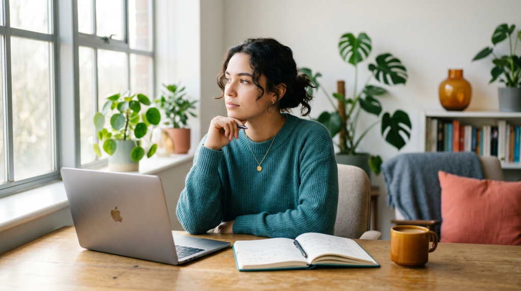 A person weighing an AI side hustle decision at a sunlit desk