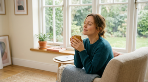 A person resting by a bright window with a warm cup of tea, laptop closed, recovering personal energy