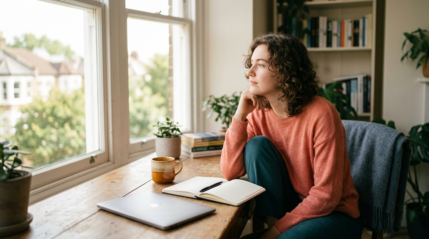 A person pausing to think by a sunlit window, symbolizing independent thinking in the AI era