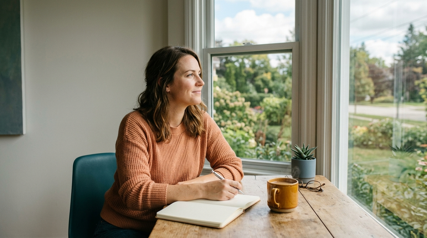 Person pausing at a sunlit desk with a notebook, reflecting on what drains and restores their energy