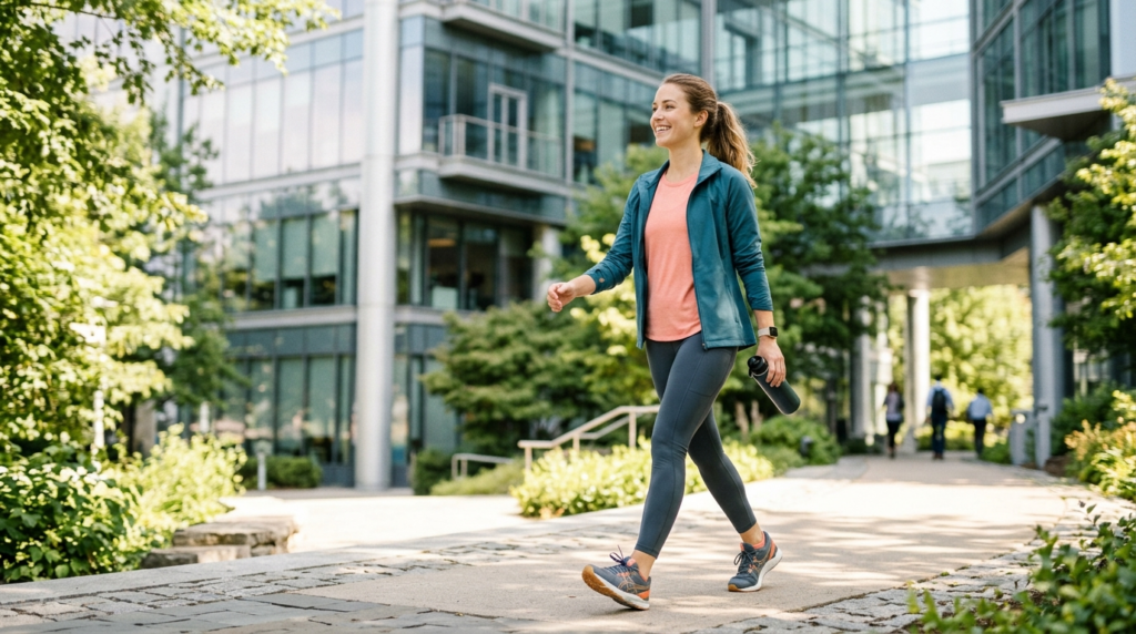 A person taking a brisk walk on a sunlit path beside a modern office building during a work break