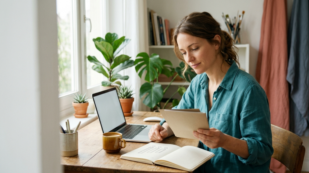 Freelance professional reviewing a client proposal at a sunlit desk while considering which pricing model to use