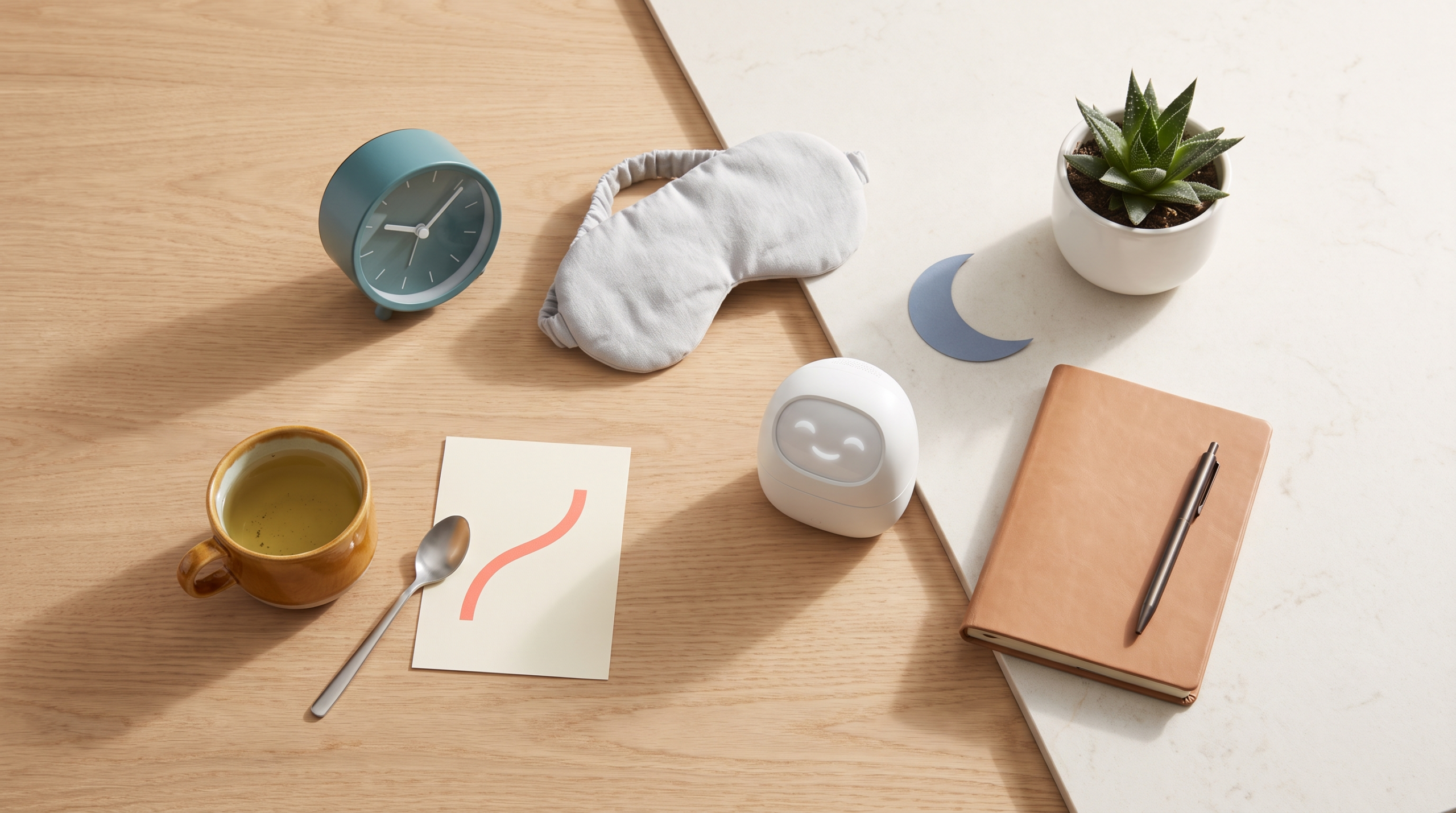 Bright editorial flat-lay symbolizing sleep architecture and cognitive rest: an alarm clock, a sleep mask, herbal tea, a card with a sleep-cycle wave, a crescent moon and a small friendly robot.