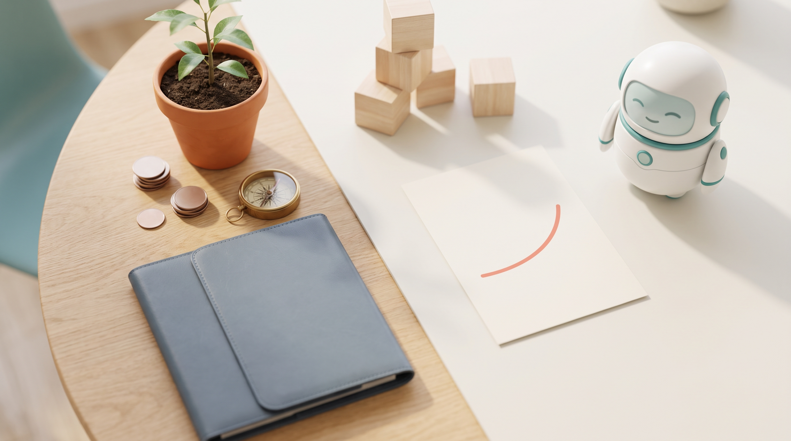 Bright editorial flat-lay on career capital in the AI era: a young growing plant, stacked coins, a brass compass, a leather portfolio, wooden building blocks, an upward curve card and a small friendly robot.