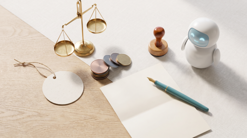 Bright editorial flat-lay on pricing expertise in the AI era: a brass balance scale, a blank price tag, stacked coins, a fountain pen on a blank document, a wooden stamp and a small friendly robot.