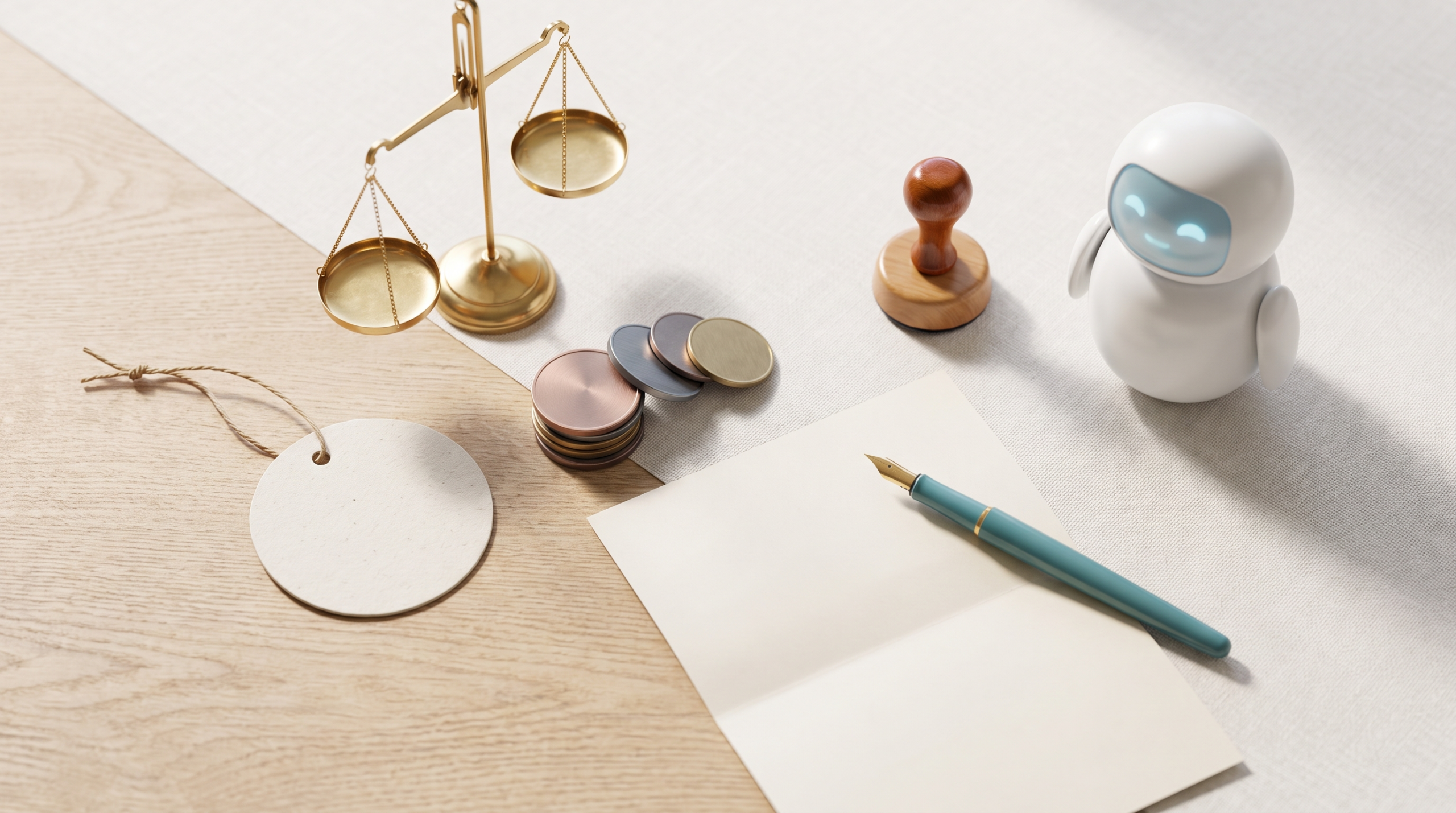 Bright editorial flat-lay on pricing expertise in the AI era: a brass balance scale, a blank price tag, stacked coins, a fountain pen on a blank document, a wooden stamp and a small friendly robot.