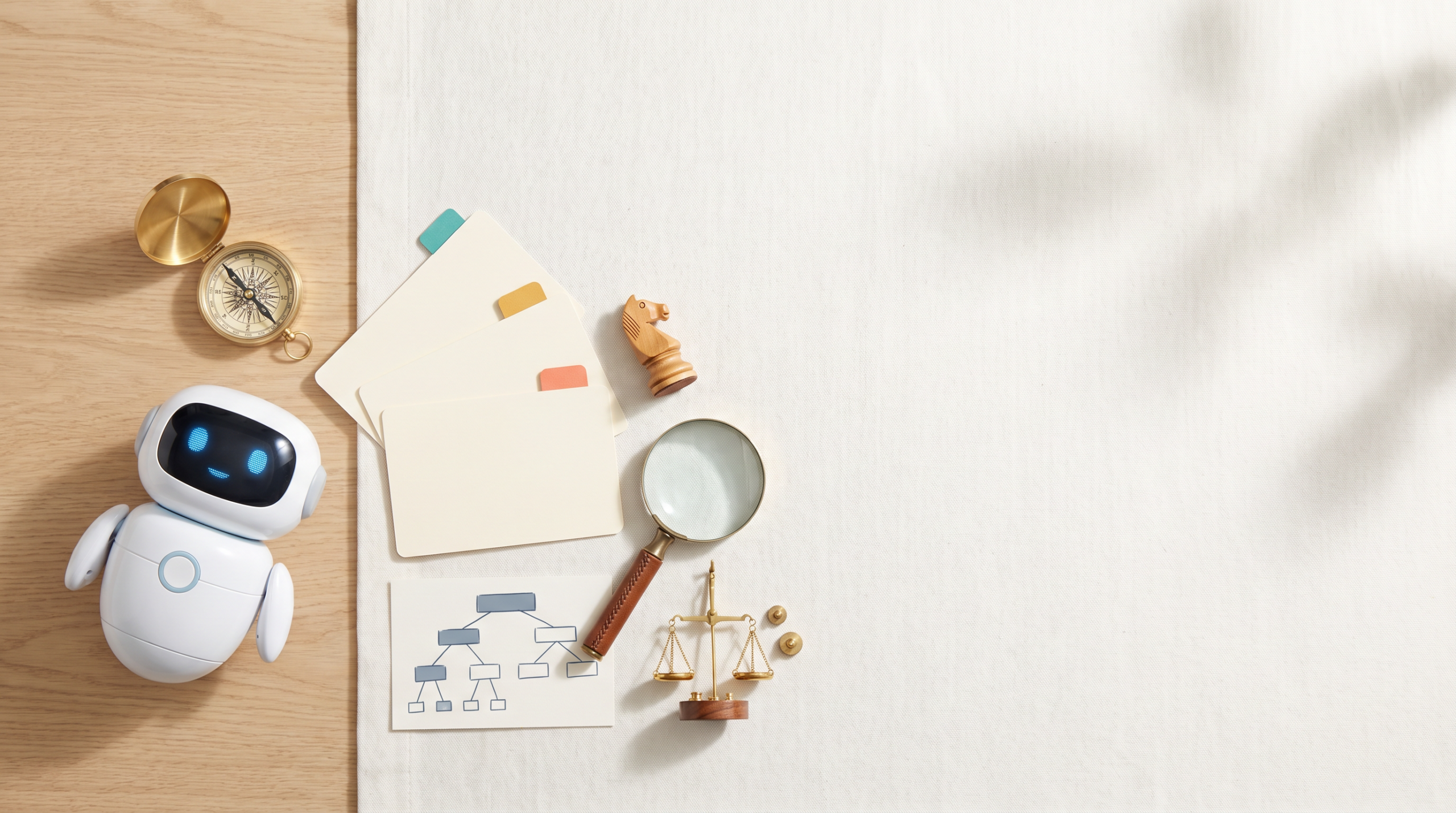 Flat-lay of decision-making tools including a compass, chess piece, magnifying glass and a small white desktop robot, illustrating mental models
