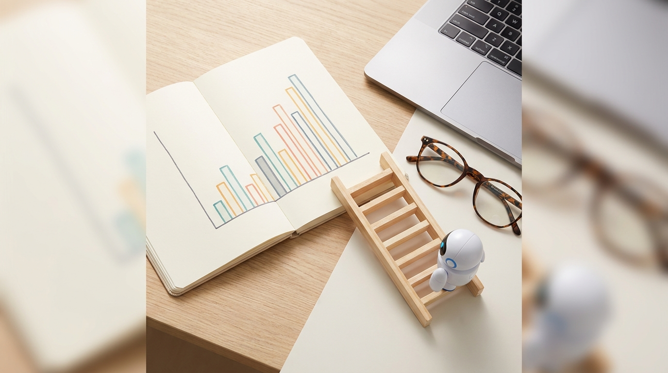 Small white desktop robot climbing a wooden step ladder beside a notebook showing an ascending chart, a laptop and eyeglasses on a light oak desk, illustrating the climb from AI literacy to AI fluency.