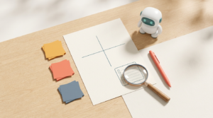 Job audit worksheet with a task matrix, sorted cards and a magnifying glass over a checklist