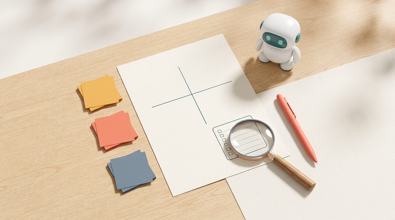 Job audit worksheet with a task matrix, sorted cards and a magnifying glass over a checklist