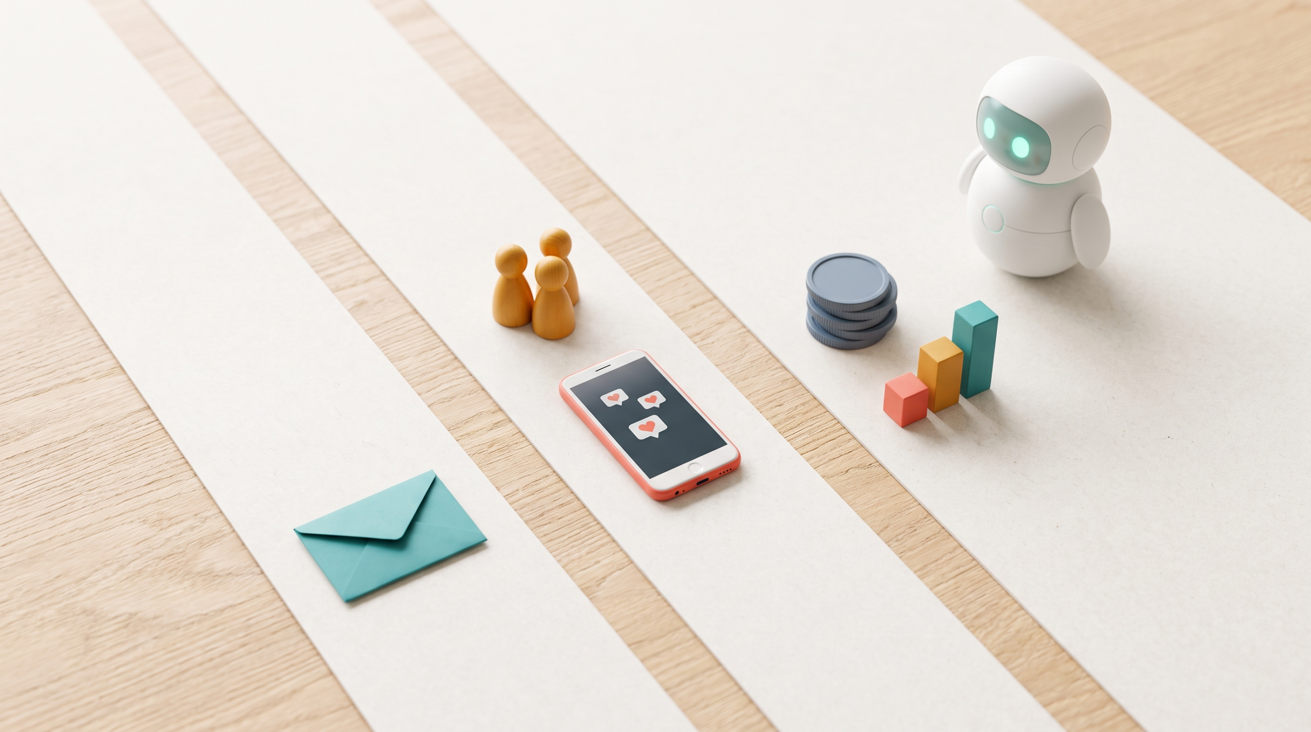 Editorial flat-lay comparing email, community and social channels for audience-to-income conversion