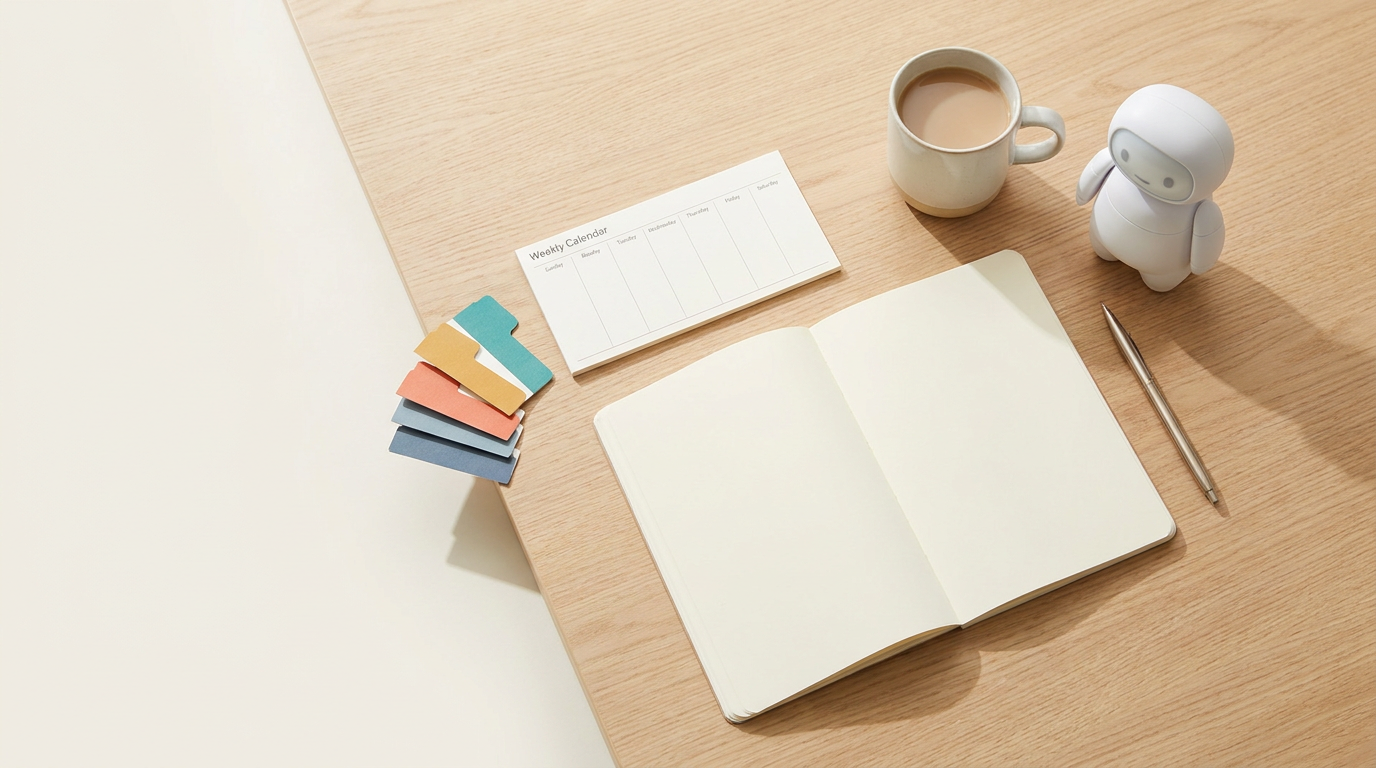 Flat lay of a planner, a weekly calendar card and a small friendly desktop robot organizing a clean desk