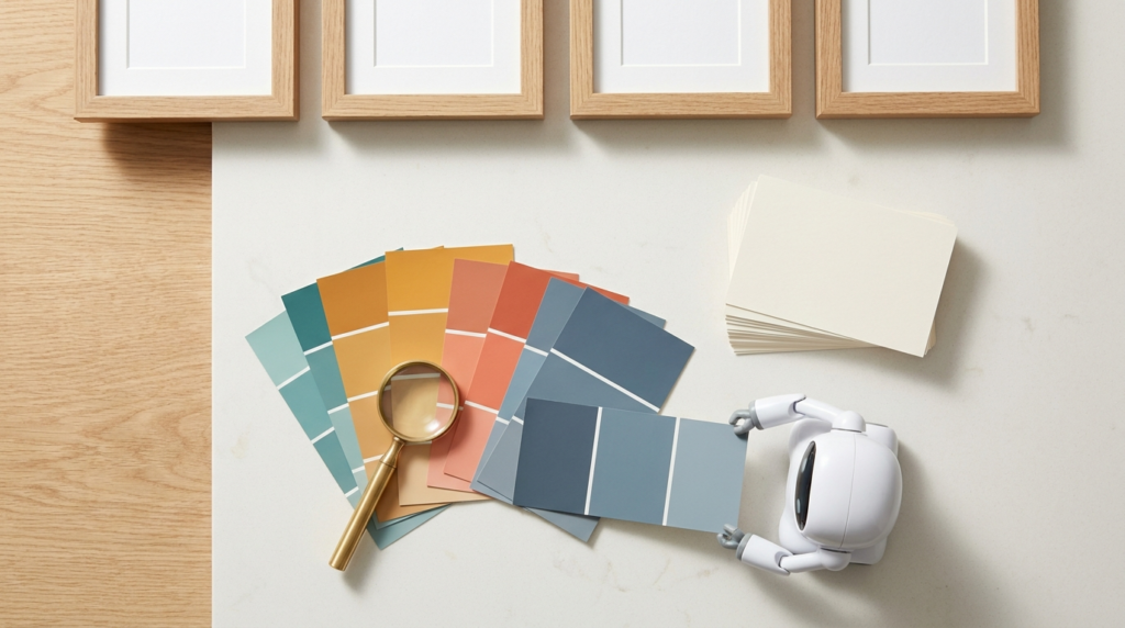 Sorting small art cards and paint color swatches from best to worst with a magnifying glass and a small friendly robot, illustrating aesthetic judgment and taste in the AI era