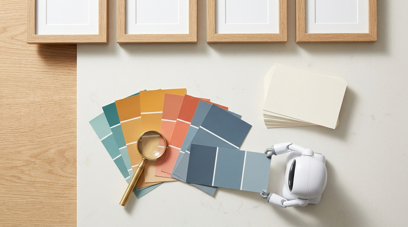 Sorting small art cards and paint color swatches from best to worst with a magnifying glass and a small friendly robot, illustrating aesthetic judgment and taste in the AI era