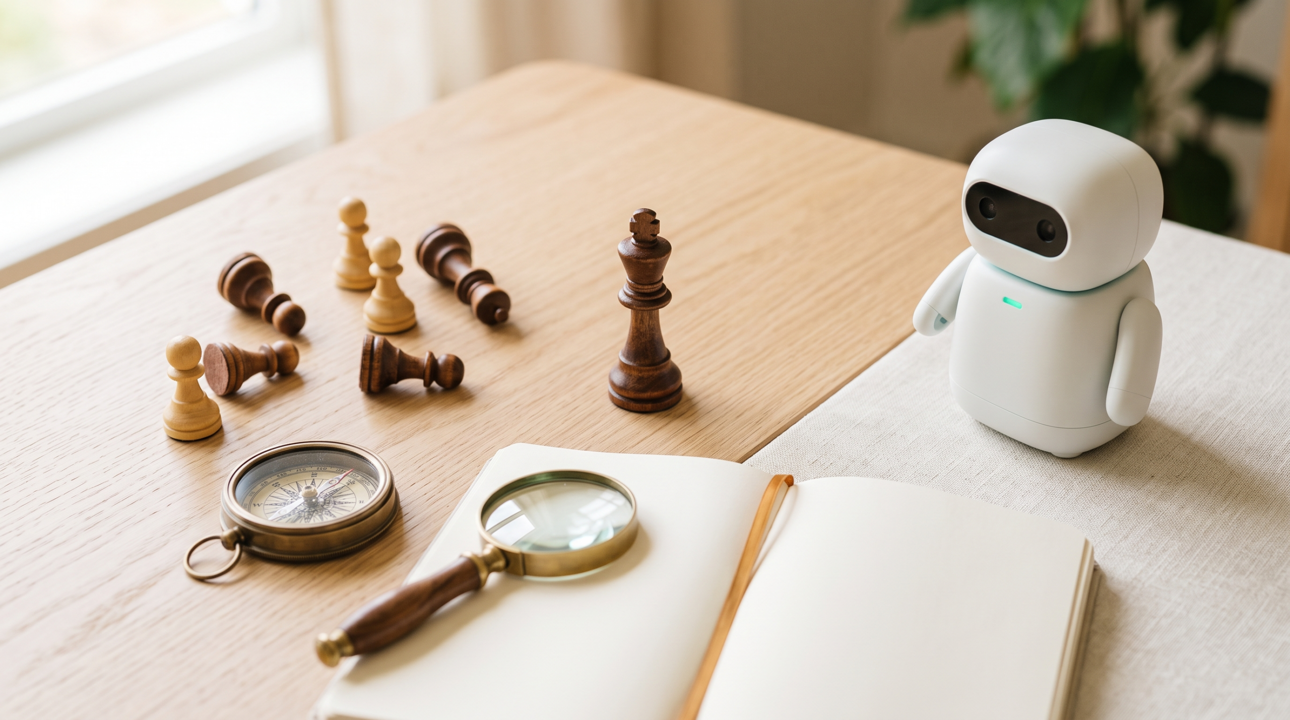 Human judgment in the AI era: a chess king apart from pawns with compass, magnifier and notebook
