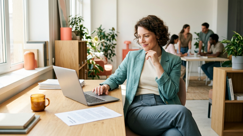 A calm confident professional reviewing work by a sunny window, symbolizing delegating to an AI agent