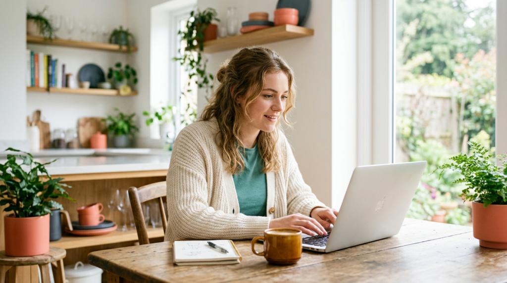 Young person working on a laptop at a sunlit table starting an online project