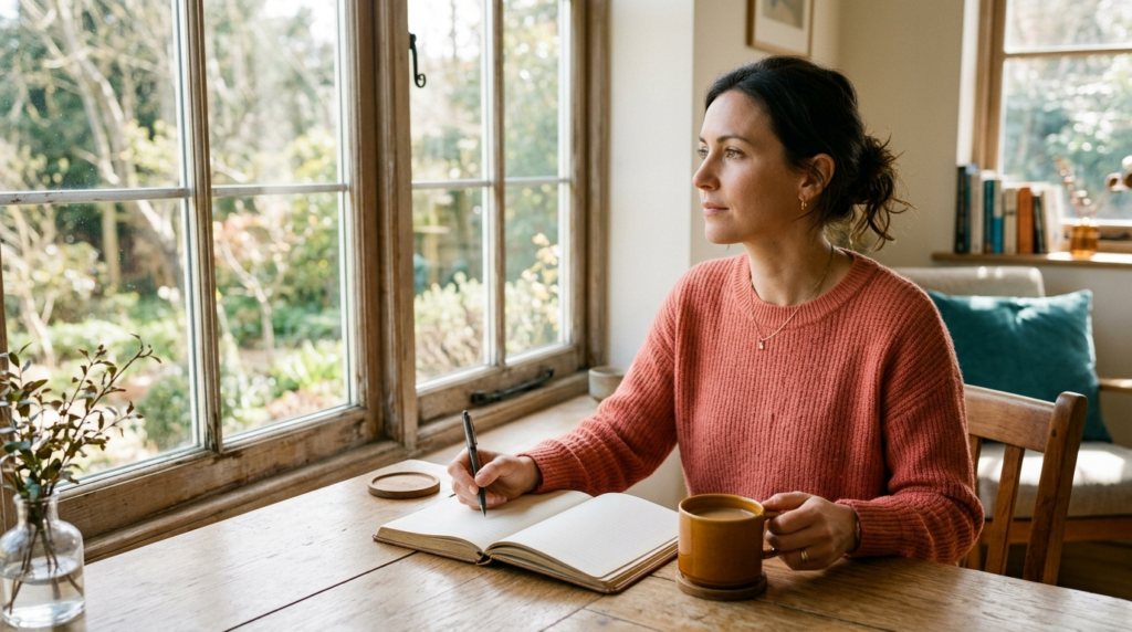 Person pausing thoughtfully at a sunlit desk while making a considered decision