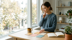 A person at a sunlit desk thoughtfully weighing several colored option cards while making a decision