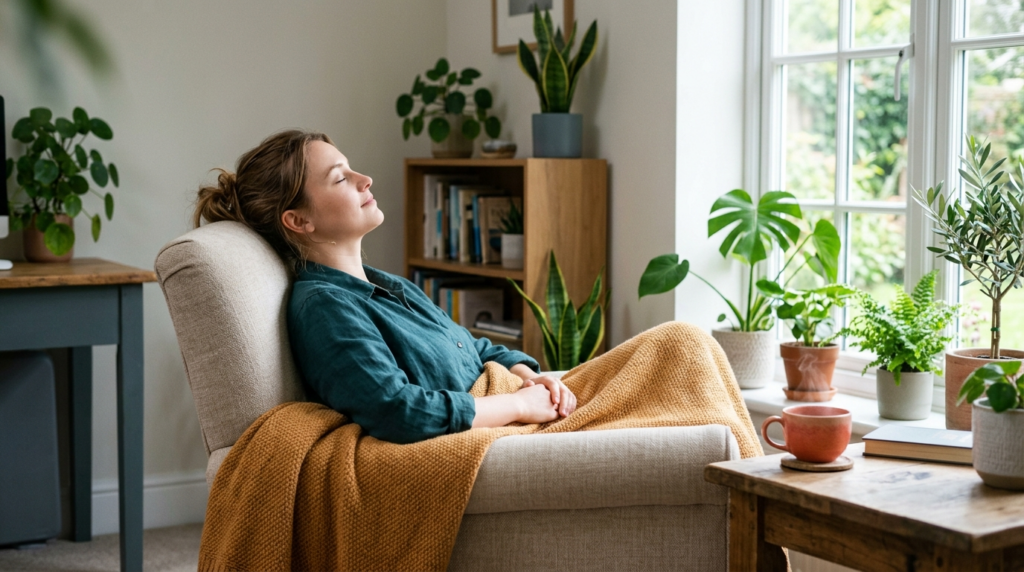 A person taking a deliberate restful pause in sunlit window light