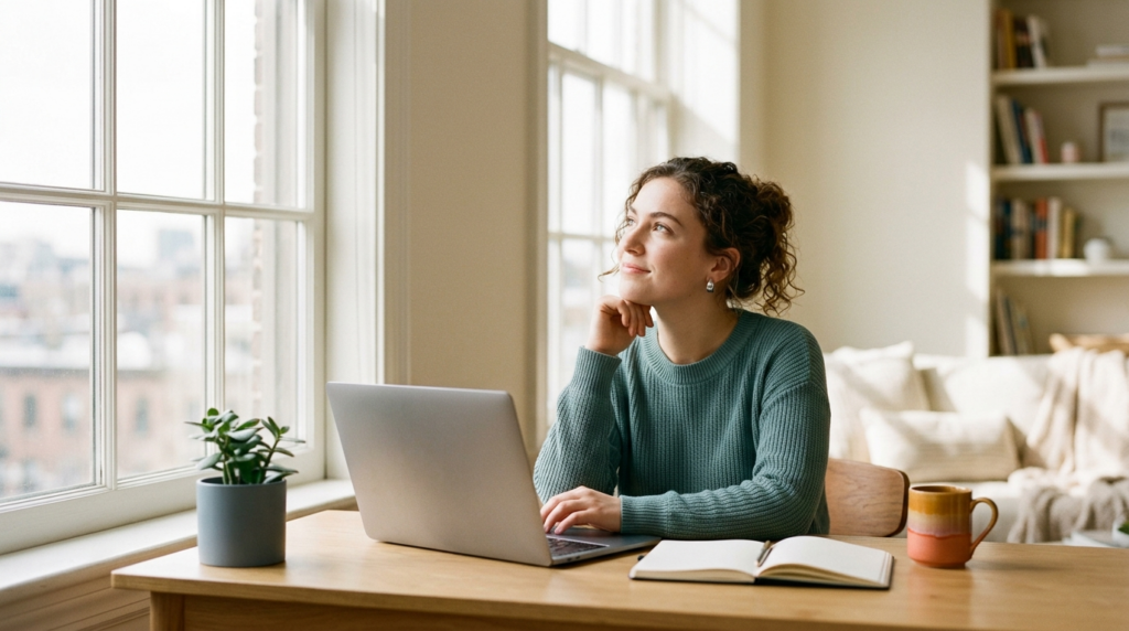 Young professional planning a first career move by a sunlit window