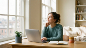 Young professional planning a first career move by a sunlit window