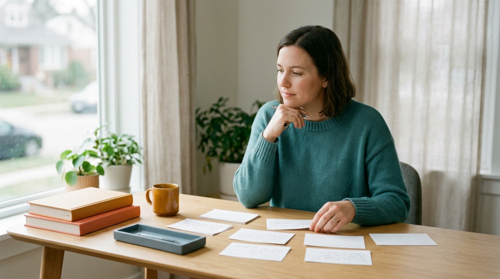 A person reviewing notes by a window while taking stock of their skills