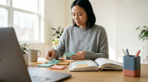 Focused person mapping out and organizing their weekly workflow at a bright desk