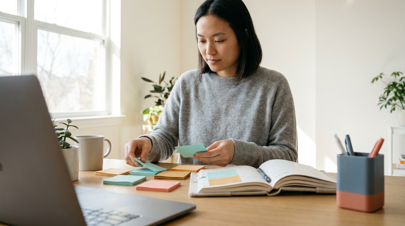 Focused person mapping out and organizing their weekly workflow at a bright desk