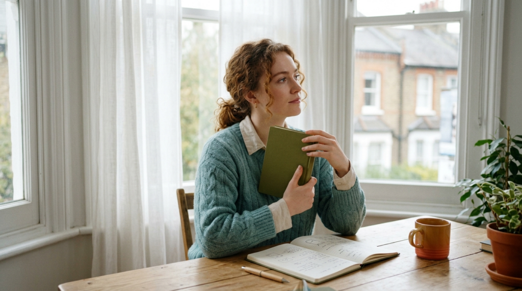 Person studying by a window, closing a book to recall from memory