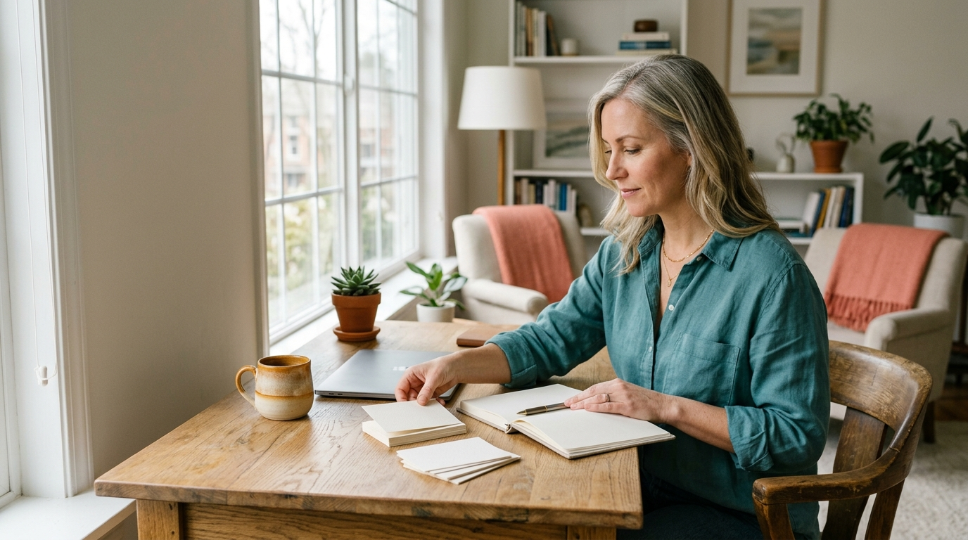 Professional structuring the working day at a sunlit desk