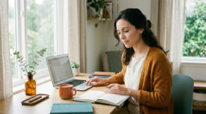 A person at a tidy sunlit desk calmly reviewing a planner, an image of reclaimed time and clear priorities