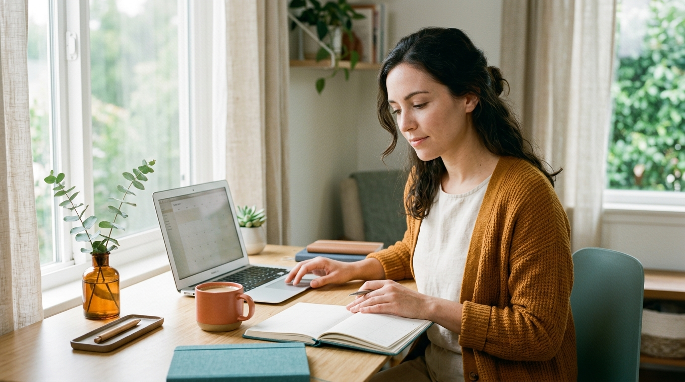 A person at a tidy sunlit desk calmly reviewing a planner, an image of reclaimed time and clear priorities