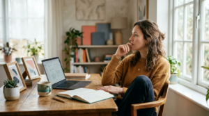 Person at a sunlit desk reassessing a business plan