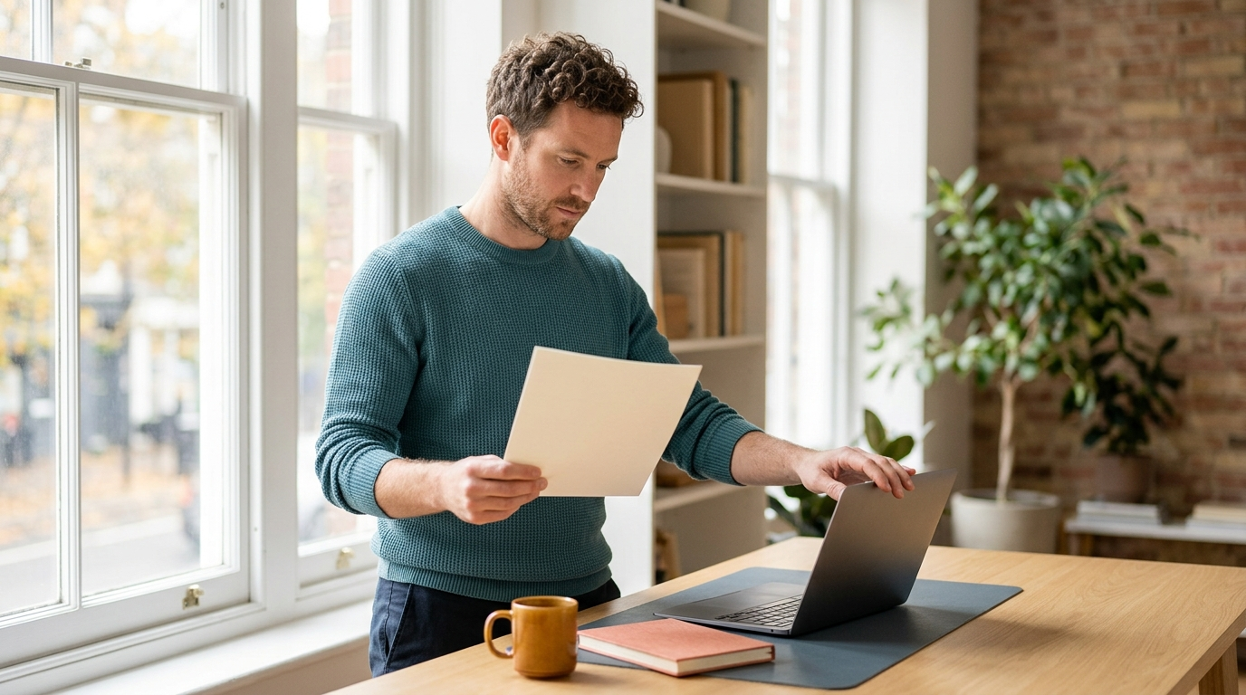 A professional pauses at a bright desk to review a printed page beside a laptop
