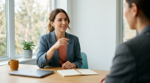 Candidate in a structured job interview beside a bright window, discussing AI skills