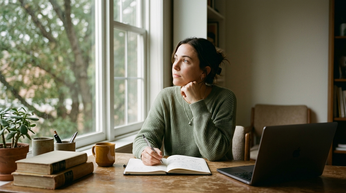 A thoughtful person writing by hand at a sunlit window, forming an original idea before turning to a screen