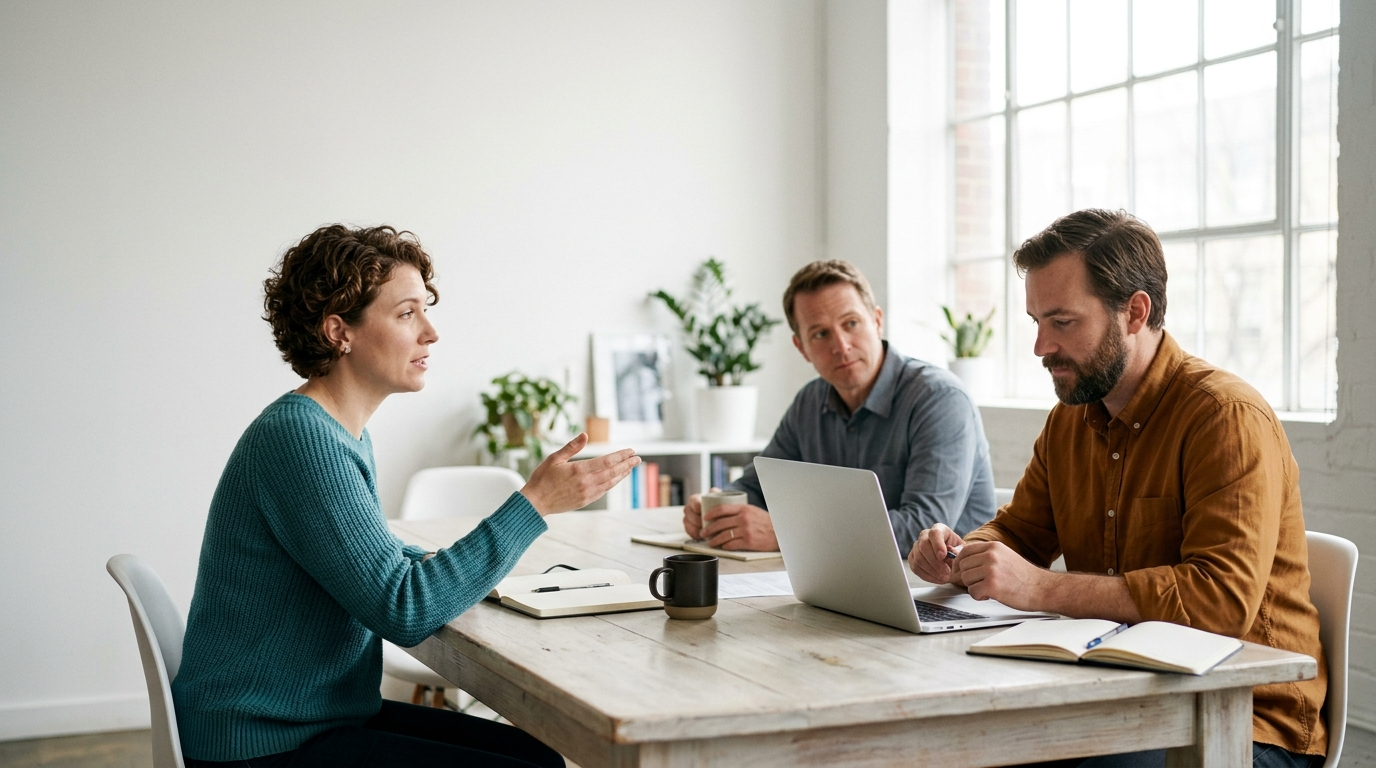 Three colleagues in a bright meeting room, one pausing mid-conversation