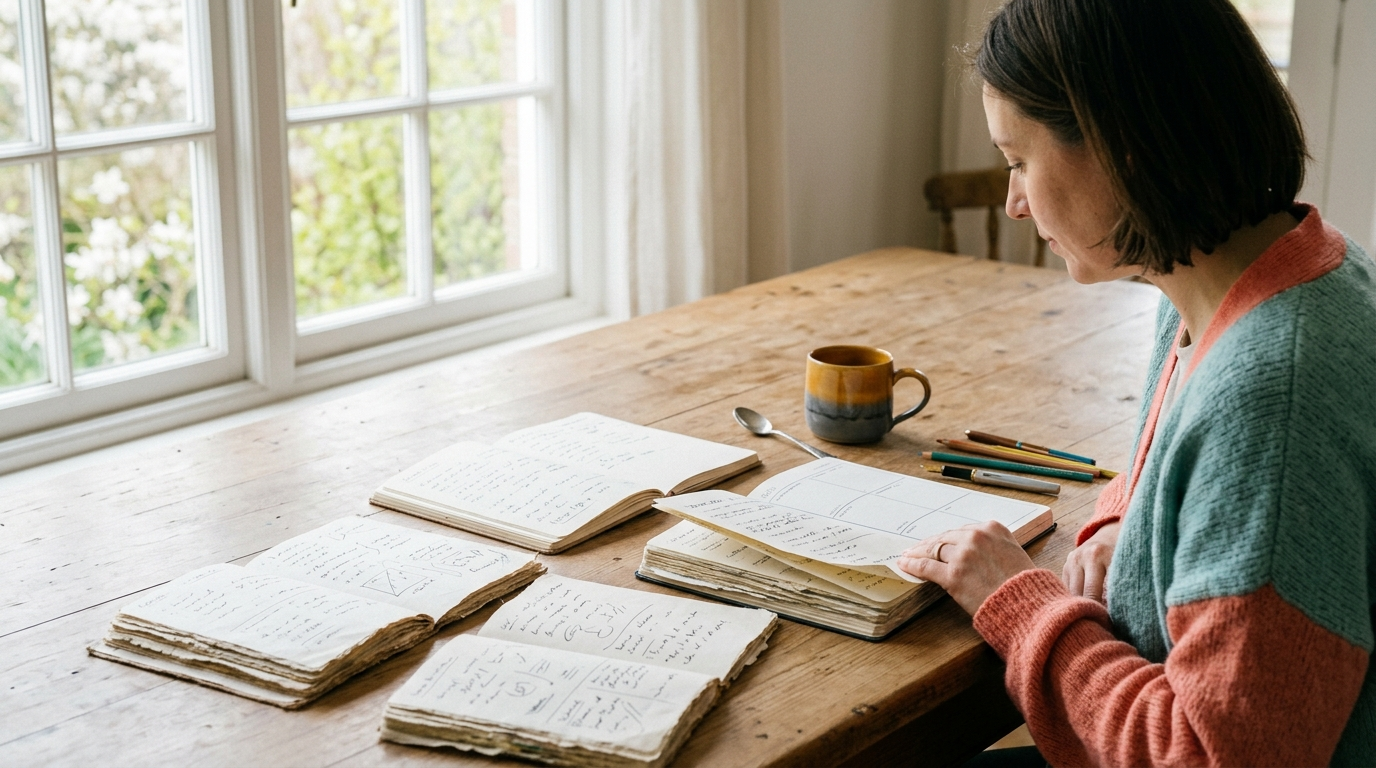 A person at a sunlit wooden table reviewing a year of open notebooks and a planner